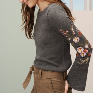 Loft Gray Sweater With Embroidery Flare Sleeve